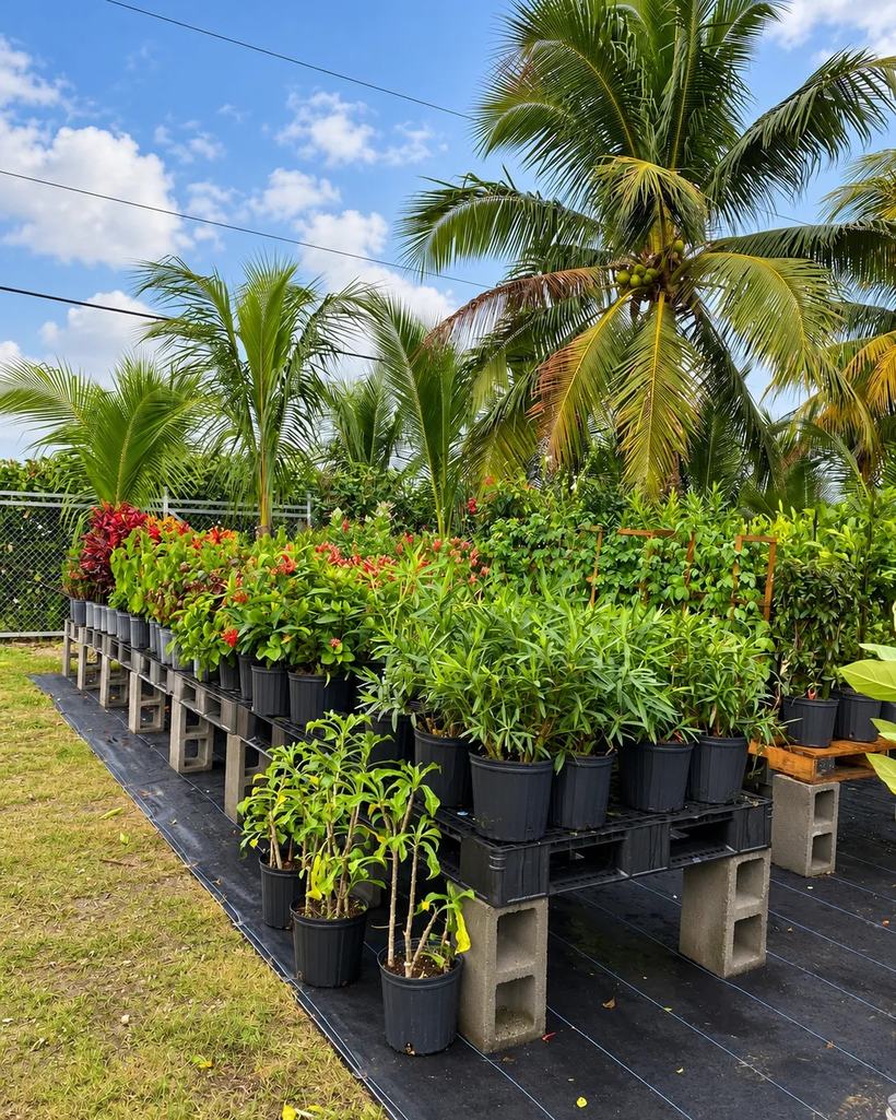 Rows of potted tropical plants under the palms at the 2Tone Plants nursery in Miami